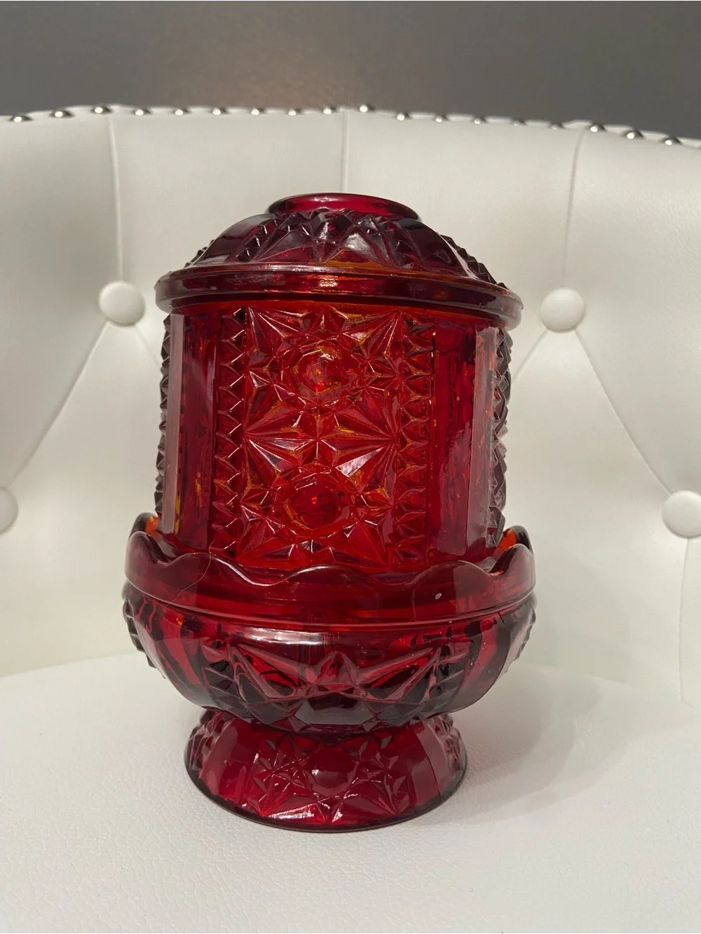 Vintage INDIANA GLASS Fairy Lamp Ruby Flash Red over Amber STARS & BARS - Picture 5 of 17